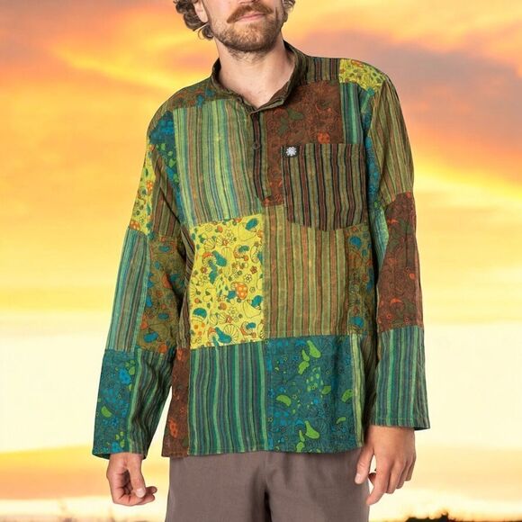 Wicked Dragon Forest Folk Men’s Bohemian Patchwork Shirt in the Size X-Large - Picture 11 of 12